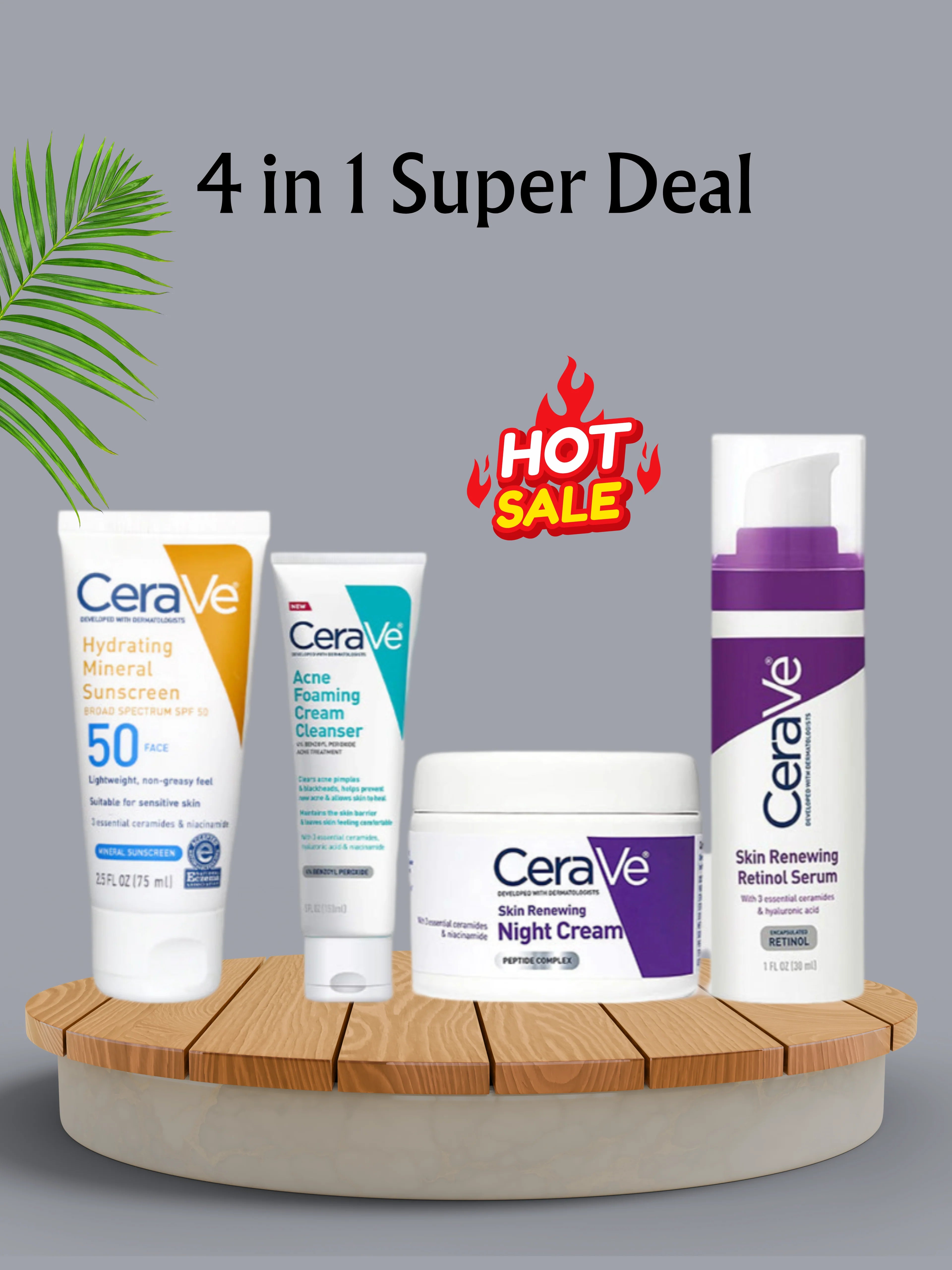 CeraVe 4-in-1 Skincare Kit | Cleanser, Serum, Sunblock & Night Cream